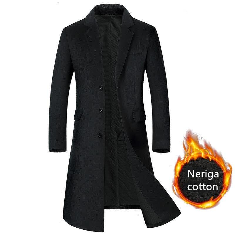 Men's wool coat, black single-breasted with notch lapels and chest pocket