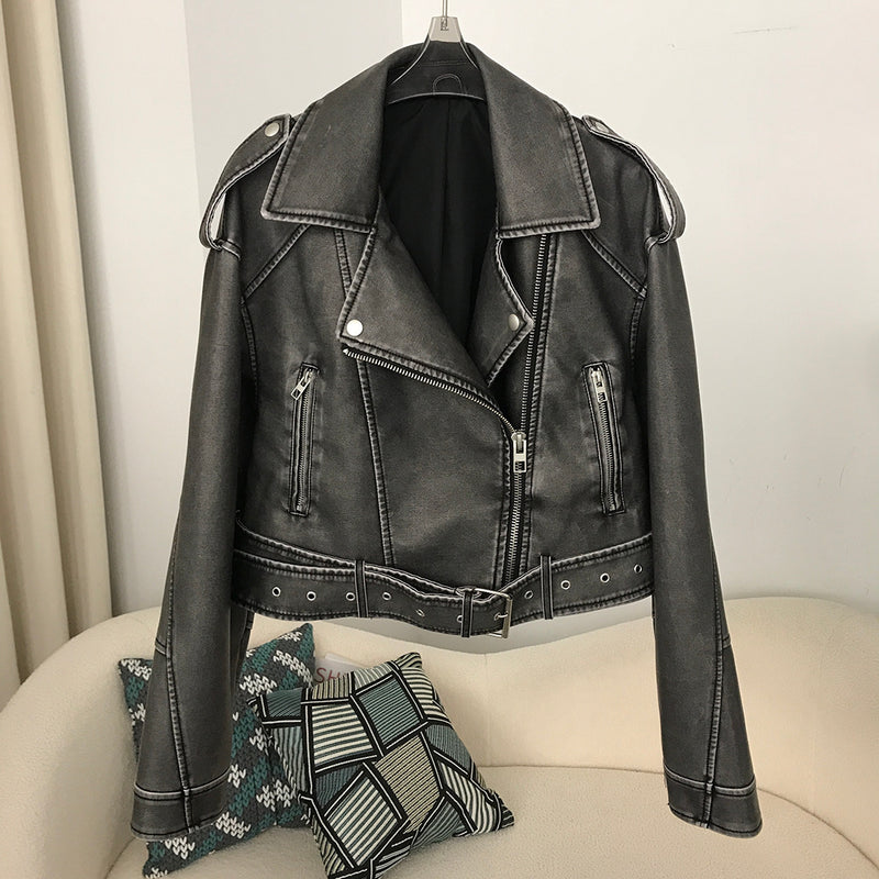 Frühling und Herbst Damen zweifarbig gewaschen Leder getragen Motorrad europäischen und amerikanischen Stil Jacke Ledermantel