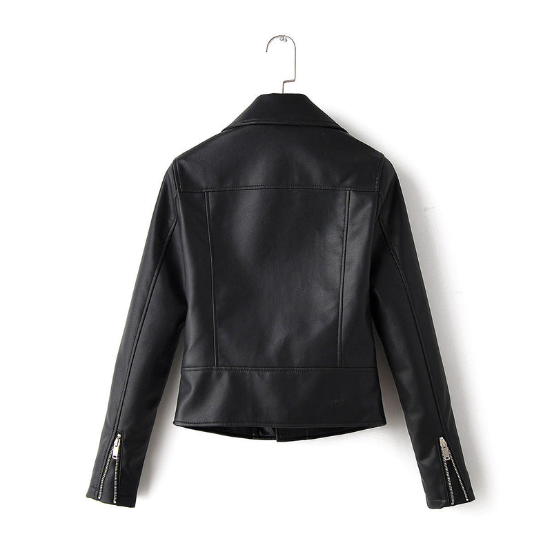 Ladies Lapel Diagonal Zipper Motorcycle Leather PU Jacket - WOMONA.COM