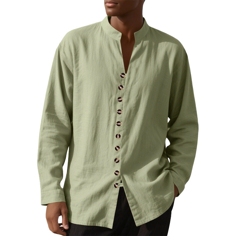 Green long-sleeve button-front mens shirt with stand collar