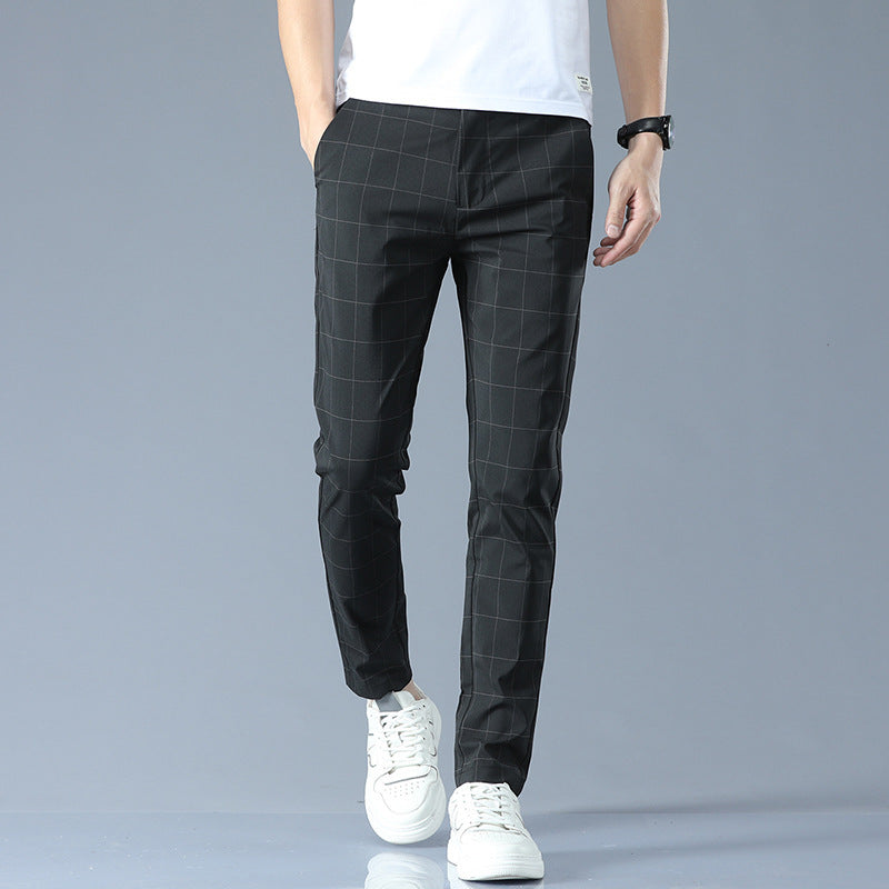 Men's slim-fit plaid pants, dark charcoal/black with tapered legs and cuffed hem