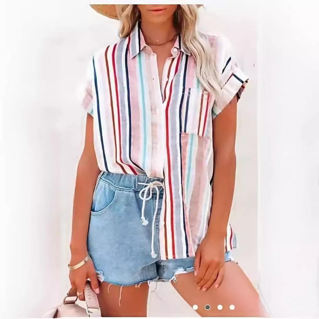 Women's Striped Short-sleeved Shirt - WOMONA.COM