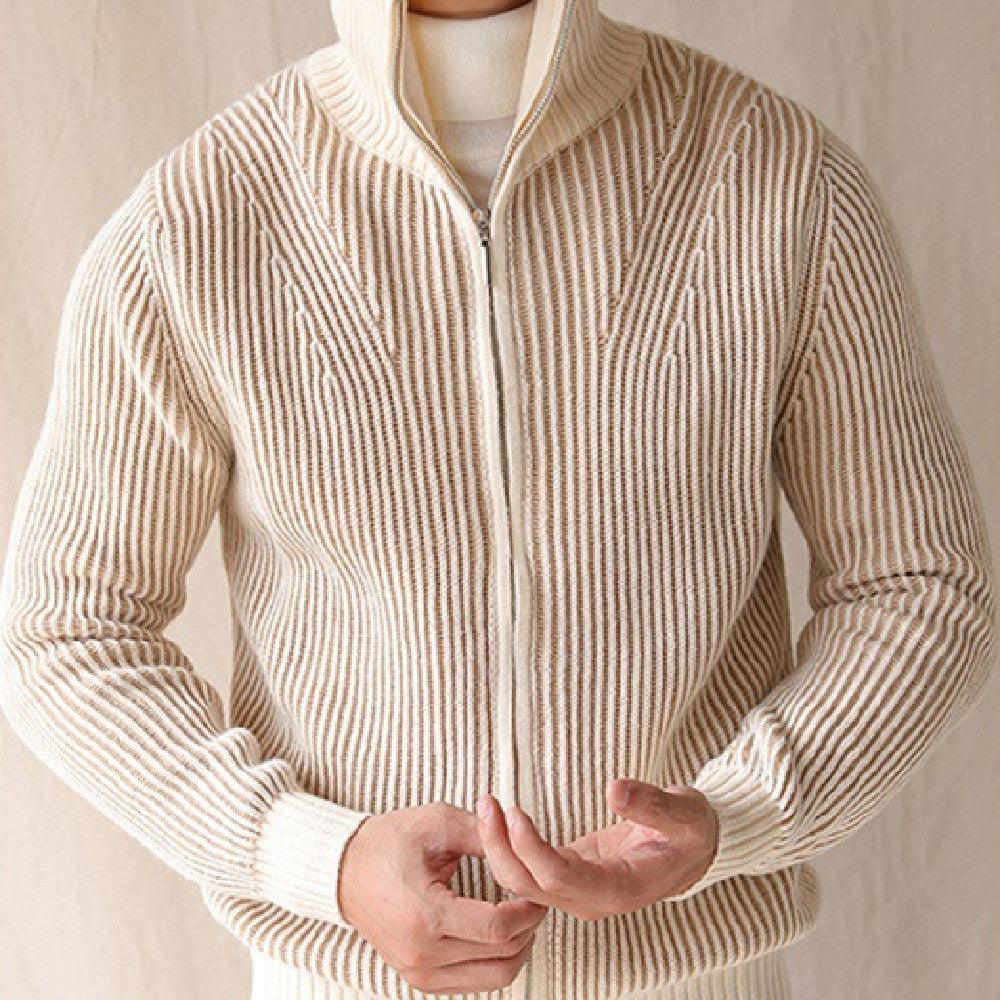 Beige thick knit sweater with vertical rib stripes, full-zip front and stand collar