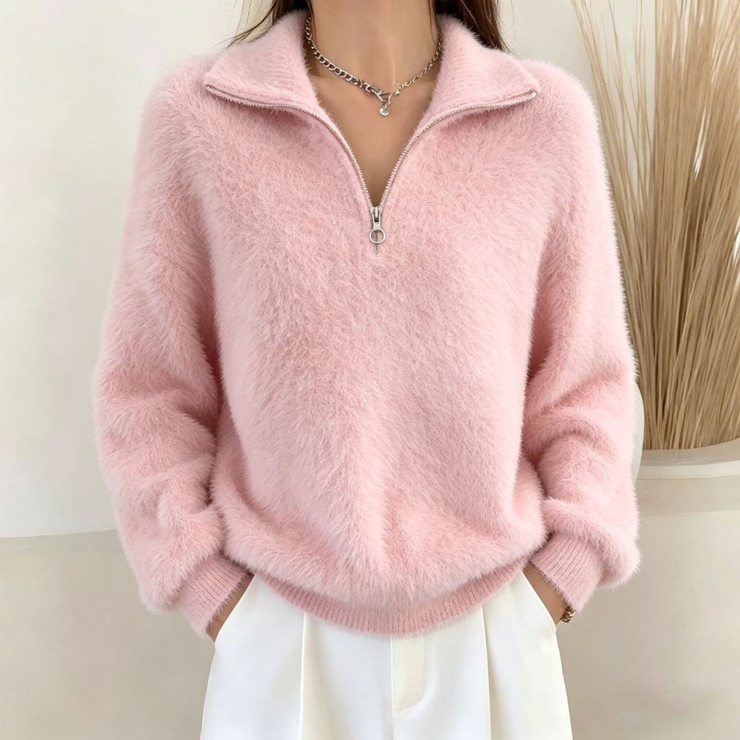 Lapel-collar Zip-up Pullover Sweater For Women