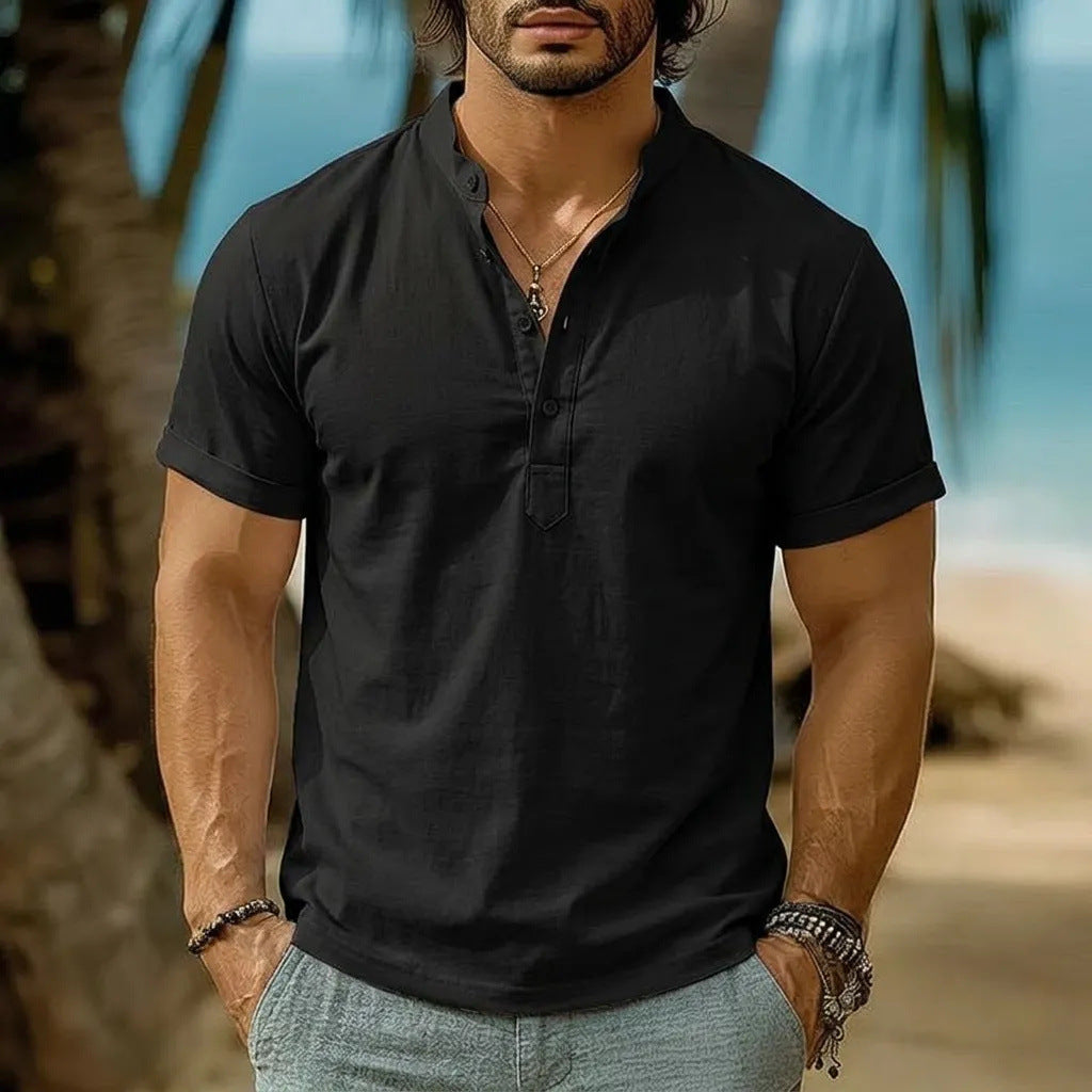 Men's short-sleeve henley shirt in black with stand collar and button placket