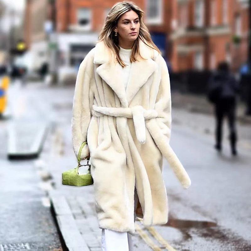 Ivory plush long trench coat with shawl collar and tie-belt