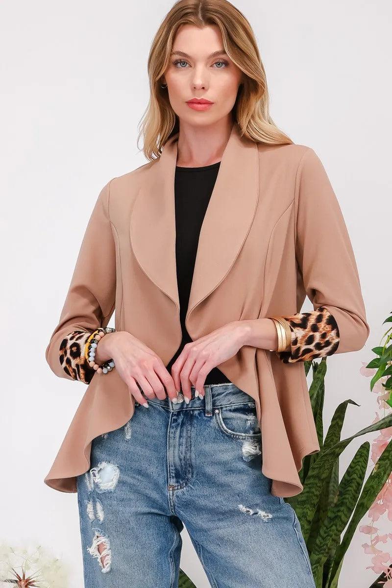Mocha open-front blazer with rolled leopard cuffs and draped lapel