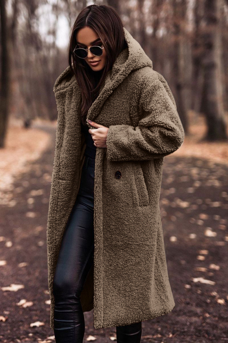Women's hooded long teddy coat