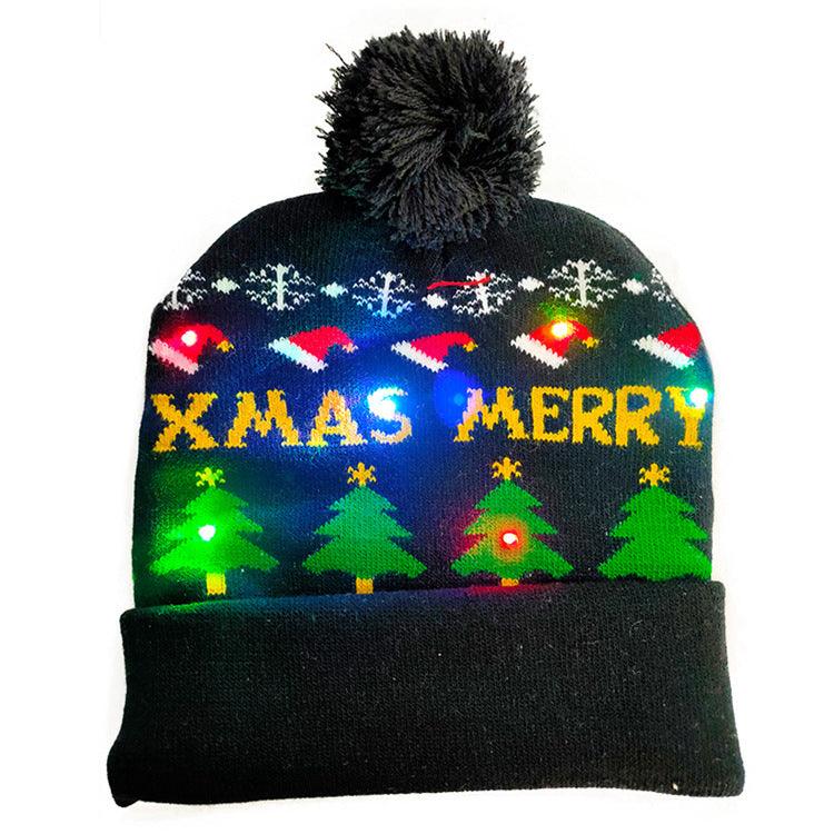 Black LED Christmas knit beanie with pom-pom, colorful holiday icons and letters