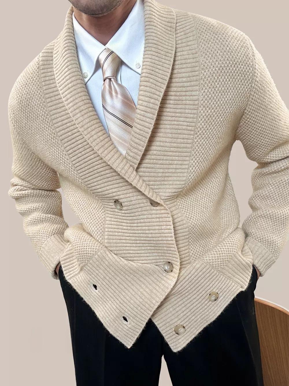 Men's apricot knit cardigan sweater, V-neck, double-breasted buttons, ribbed hem