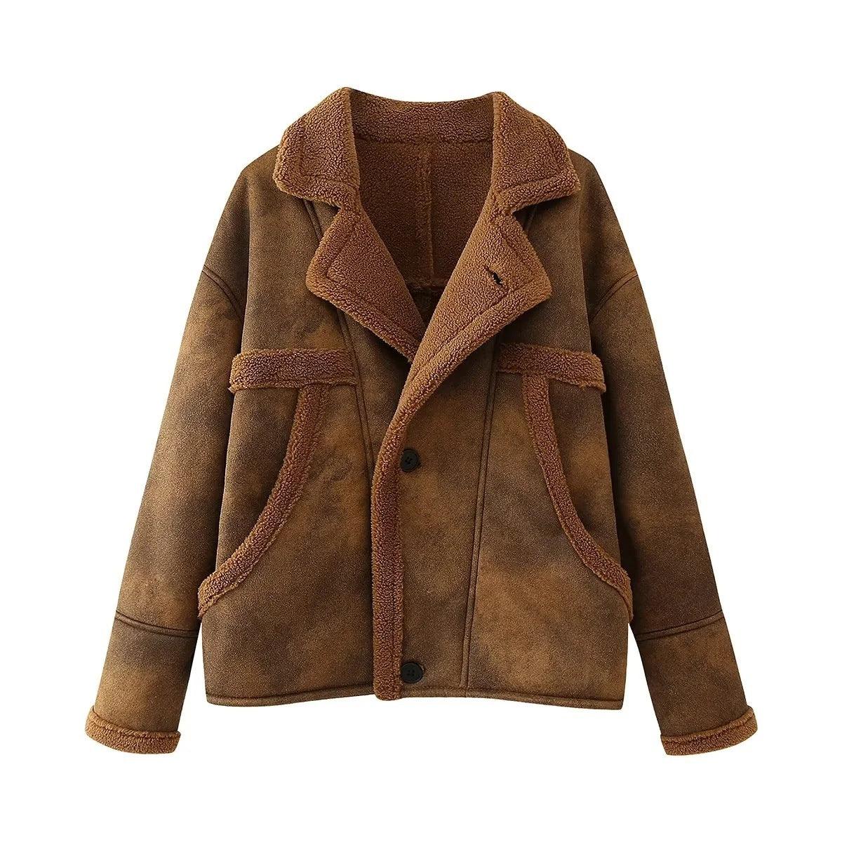 Dark brown shearling-style fur coat jacket with shawl collar, button front, belt