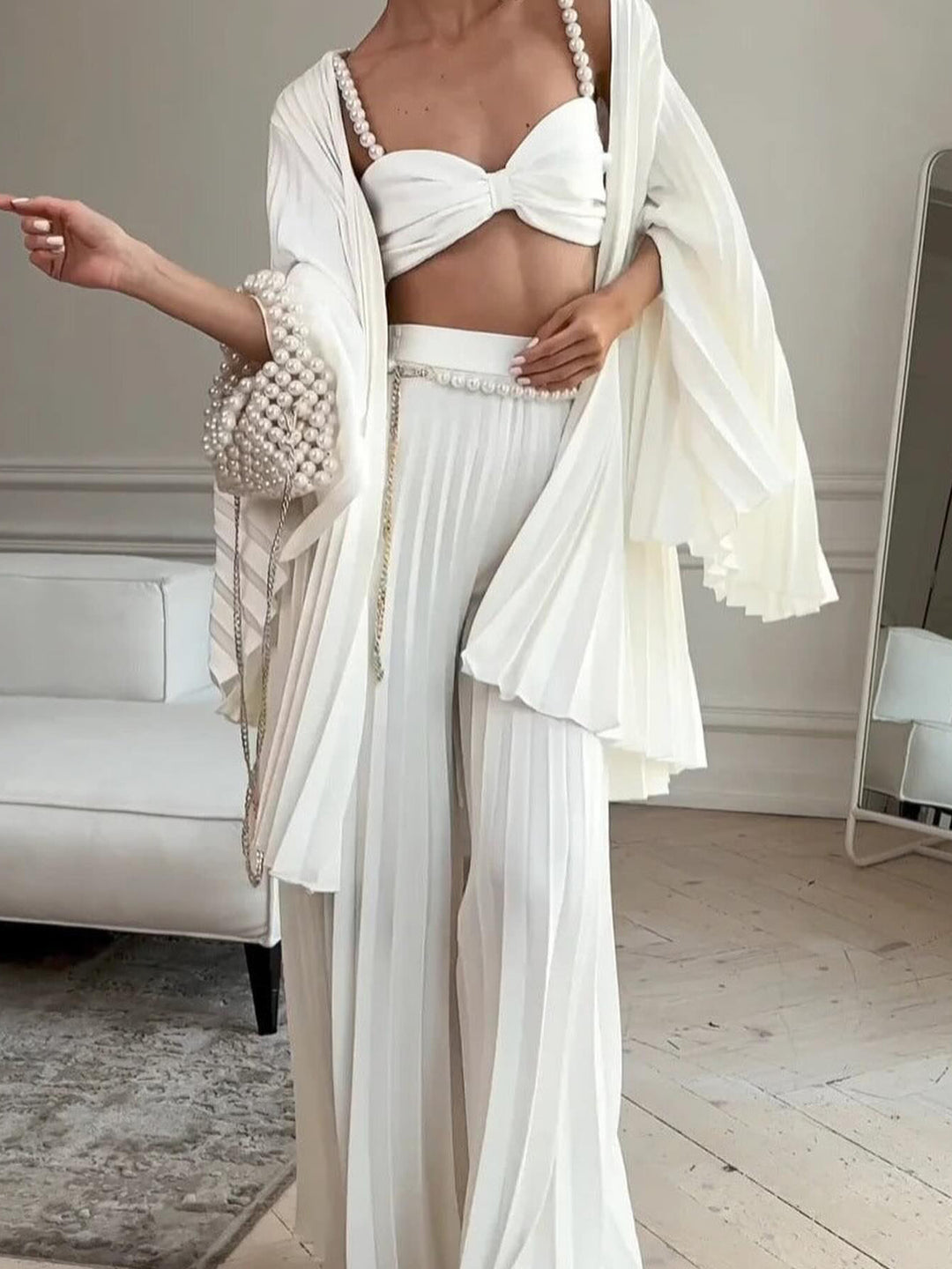 White Pleated Vest, Cardigan & Wide-Leg Pants Set – product image 1