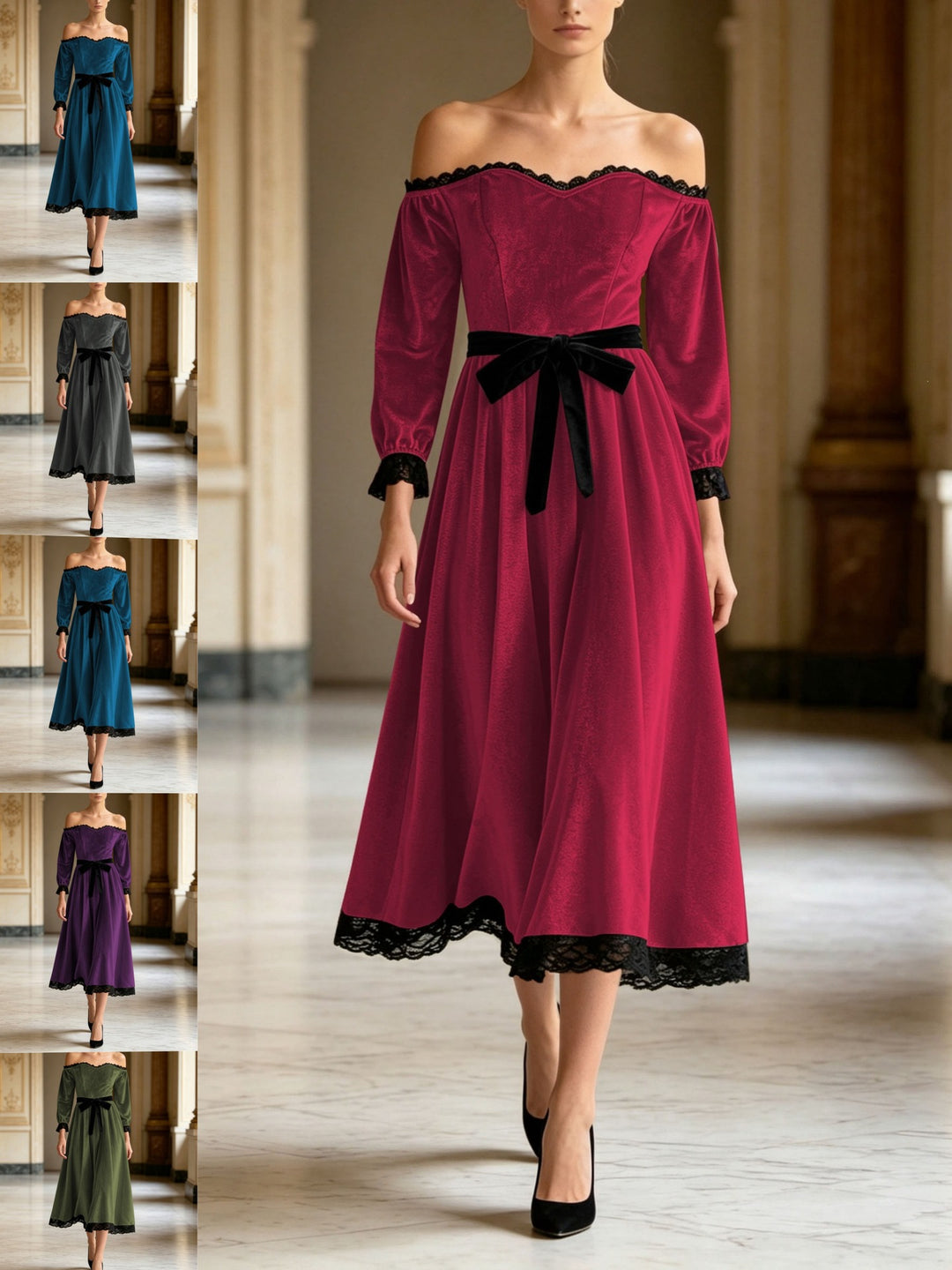 Women's off-shoulder lace-trim velvet formal midi dress