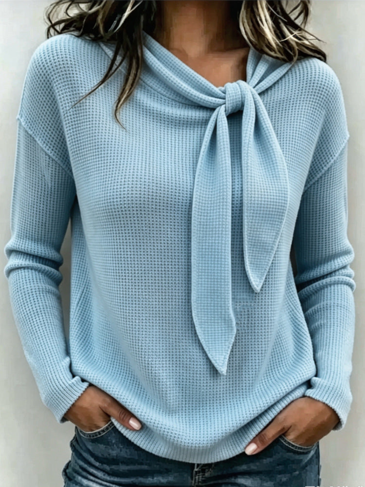 Powder blue knitted long-sleeve top with front bow-knot neckline tie