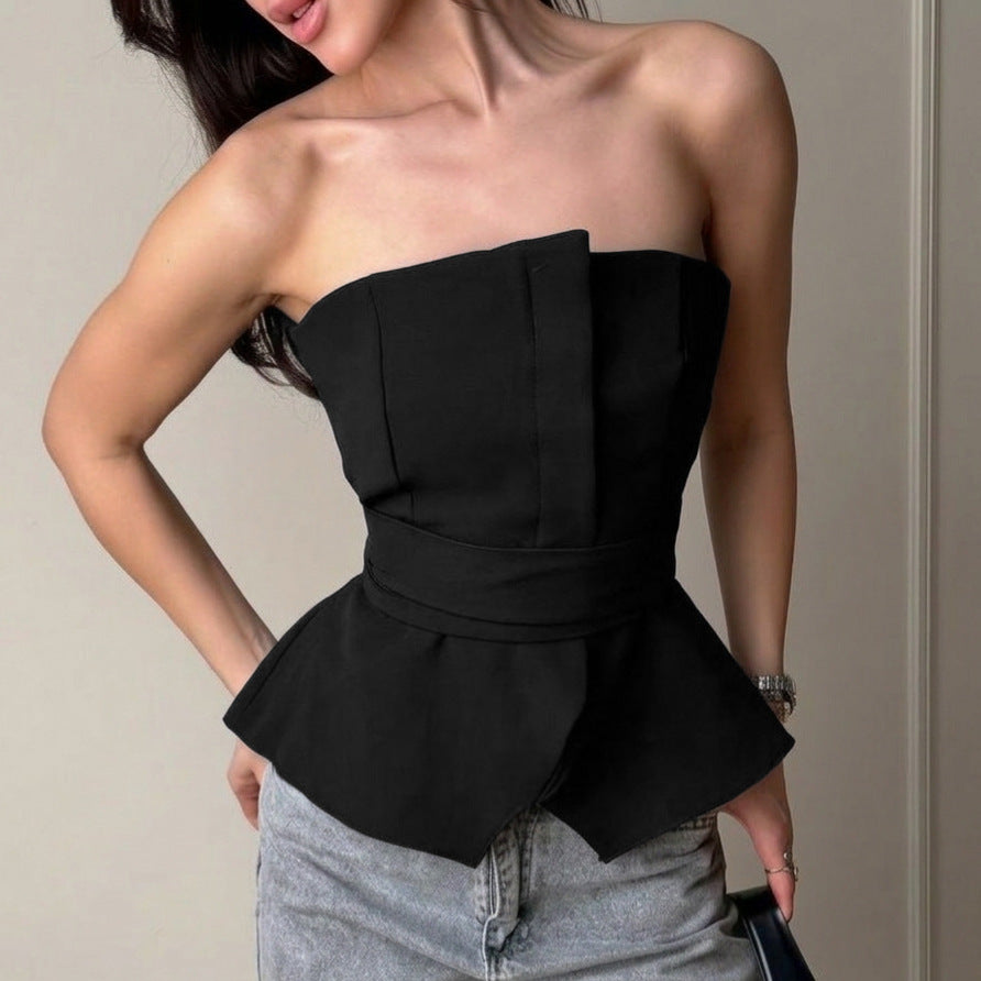 Women's black strapless slit peplum camisole with wrap-style layered front