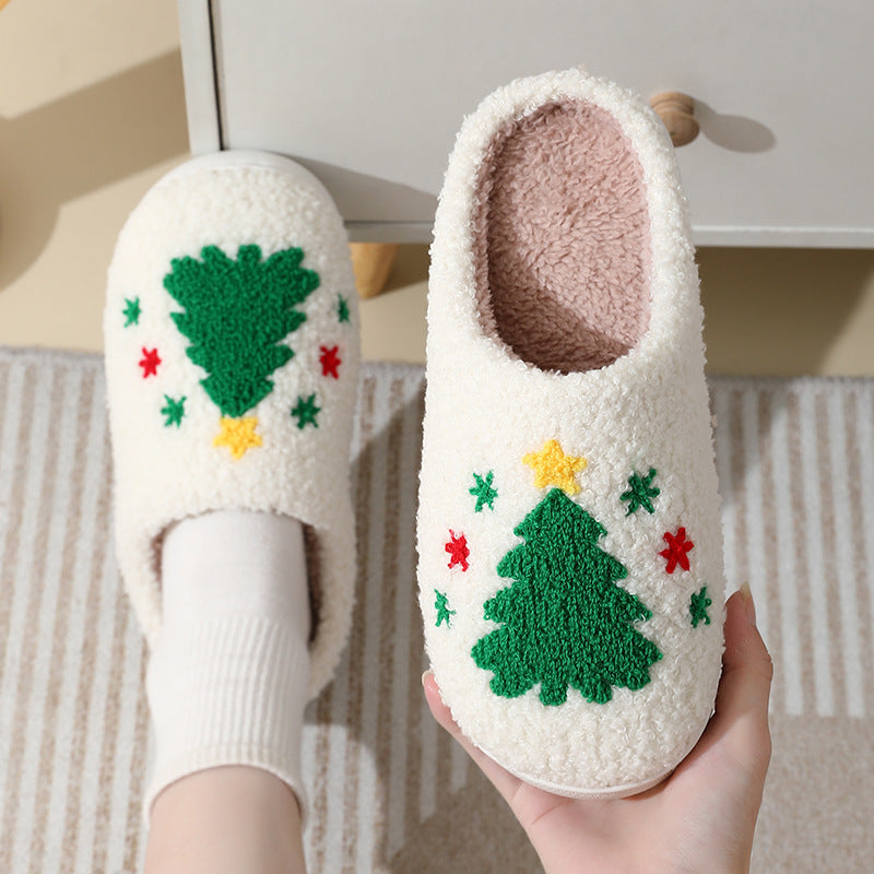 Zapatillas de casa navideñas con bonitos dibujos de Papá Noel, zapatillas de algodón para mujeres y hombres, zapatos cálidos y peludos para invierno