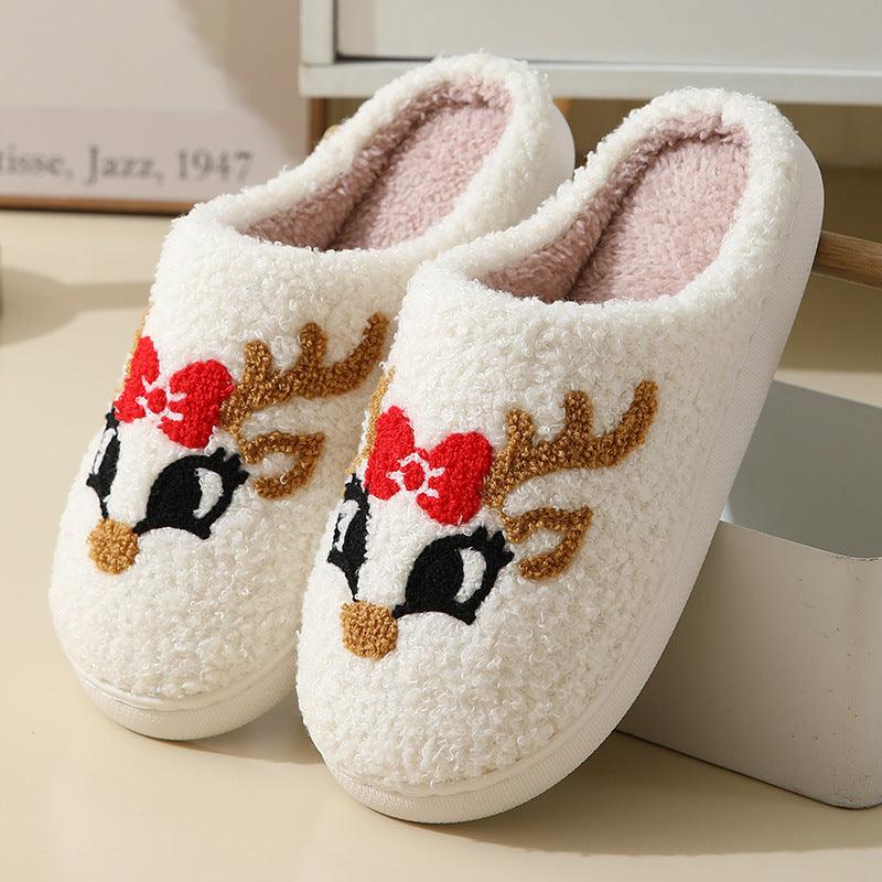 Christmas cartoon home slippers, white plush with reindeer face and red scarf graphic