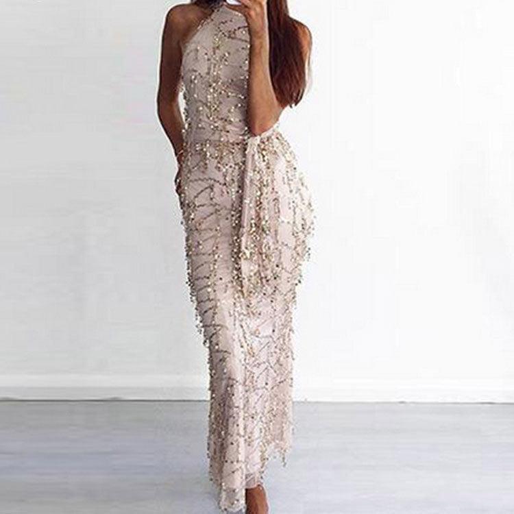 Golden sequin long dress with fringe hem and sleeveless high neckline