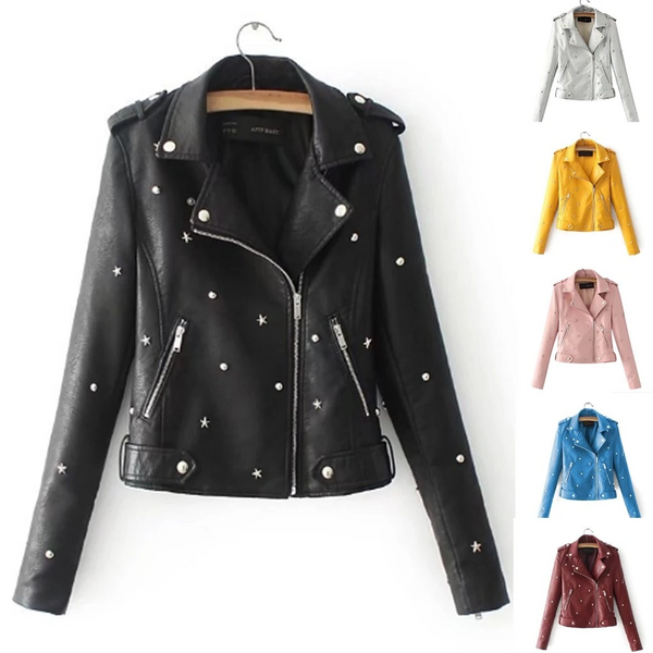 Women's leather jacket with rivet locomotive - WOMONA.COM