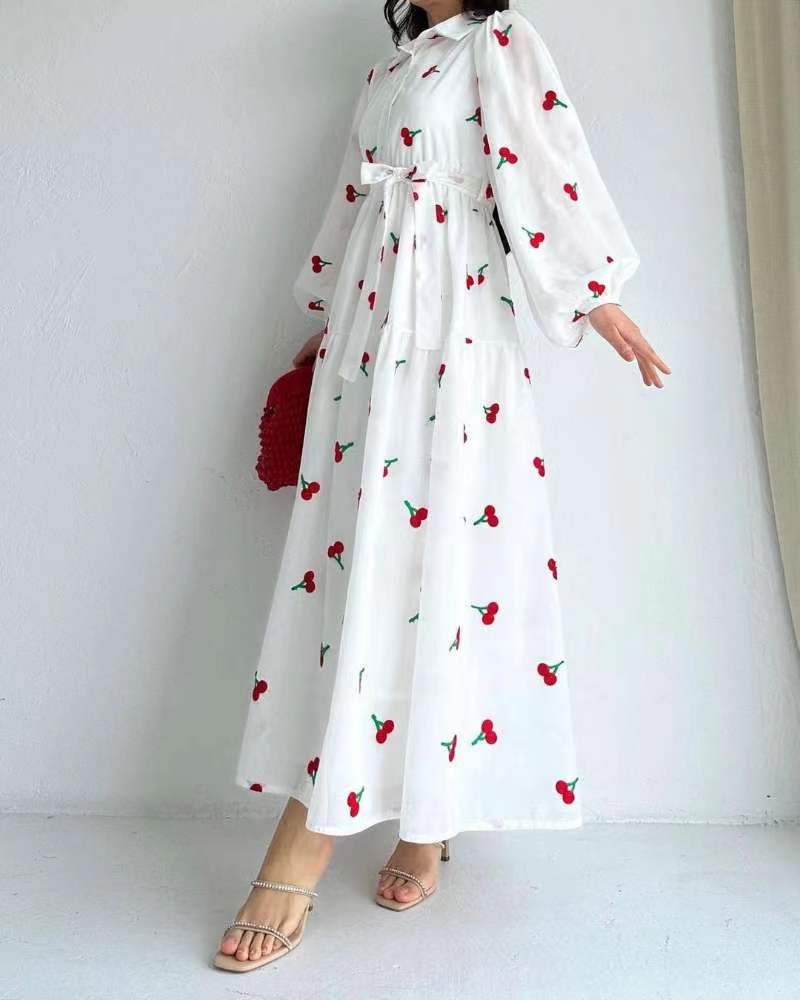 Fruit Printed Long Sleeve Waist-tight Middle East Dress - WOMONA.COM