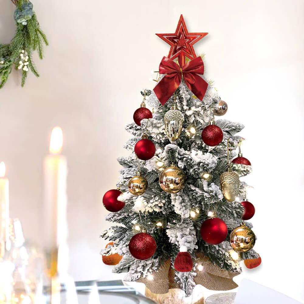 Red and gold mini artificial Christmas tabletop tree with lights and ornaments