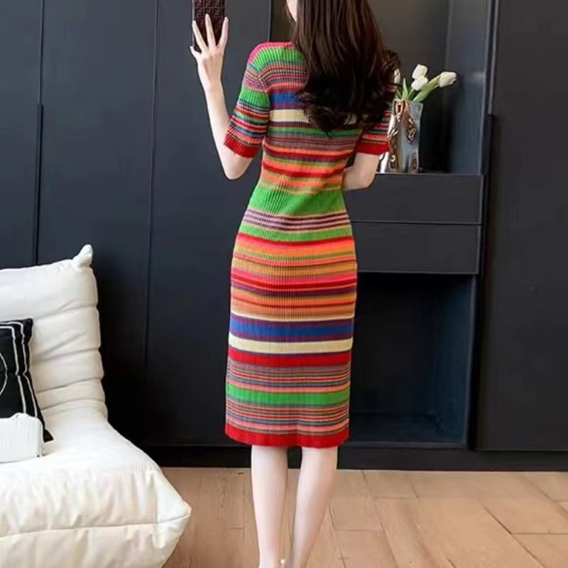 Women's Fashion Temperament Striped Knitted Dress - WOMONA.COM