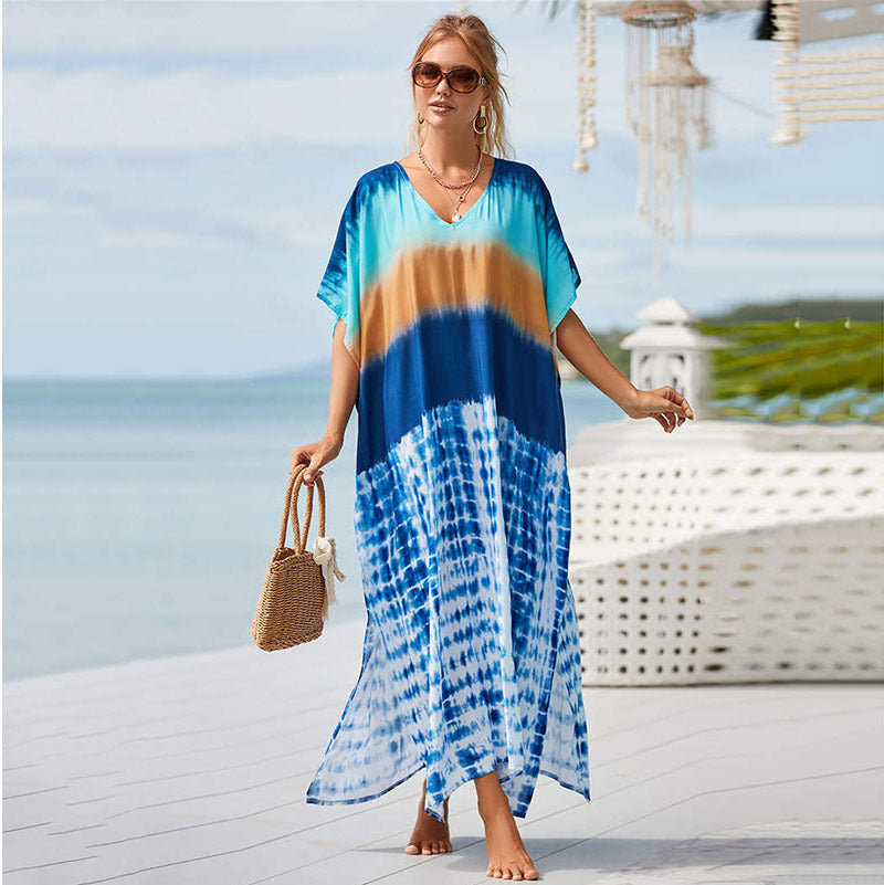 New Printed Blue Tie-dyed Beach Vacation Loose Dress - WOMONA.COM