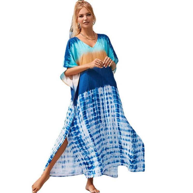 New Printed Blue Tie-dyed Beach Vacation Loose Dress - WOMONA.COM
