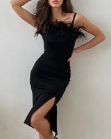 Sling Feather Trim High Slit Party Slim Fit Dress - WOMONA.COM