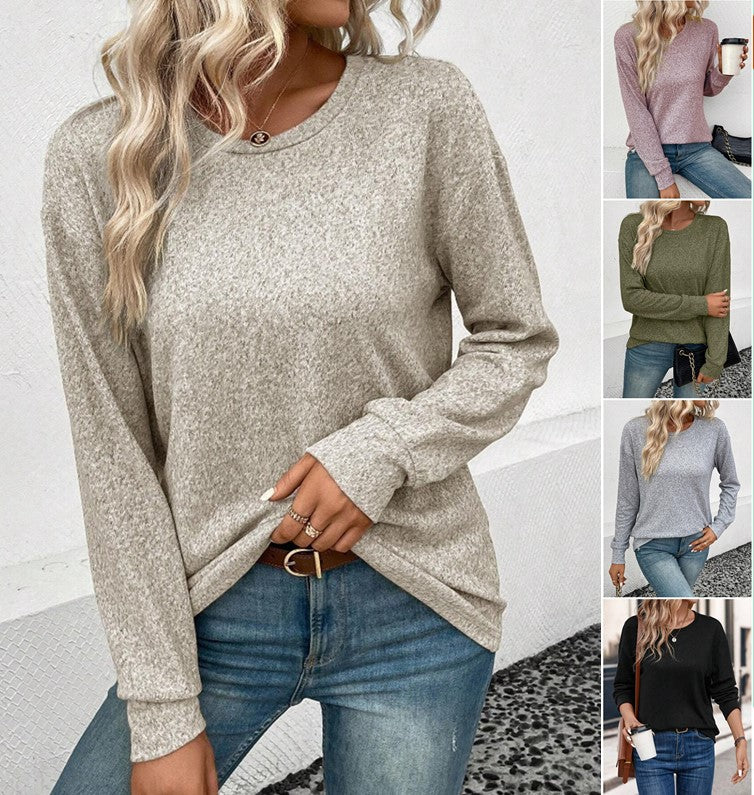 Casual Loose Solid Color Round Neck Sweater - WOMONA.COM