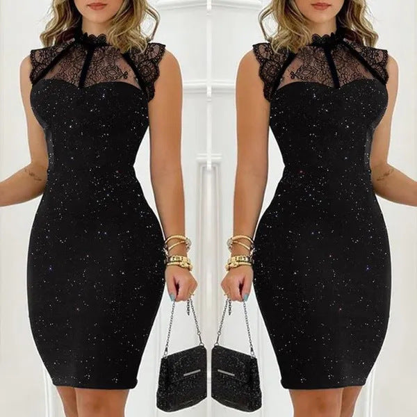 Women's Fashion Black Paillette Sleeveless Lace Short Tight Dress - WOMONA.COM