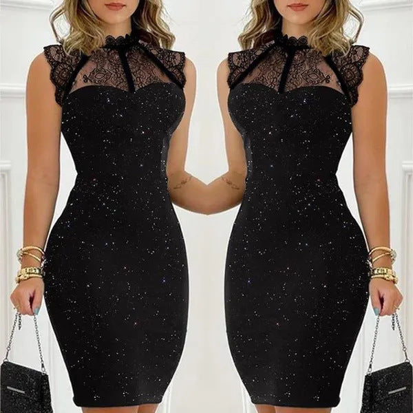 Women's Fashion Black Paillette Sleeveless Lace Short Tight Dress - WOMONA.COM