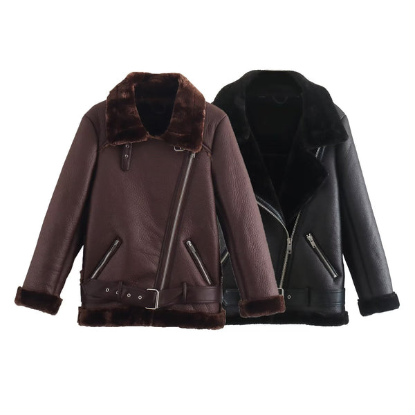 Women's Fashion Fur Integrated Leather Coat Top