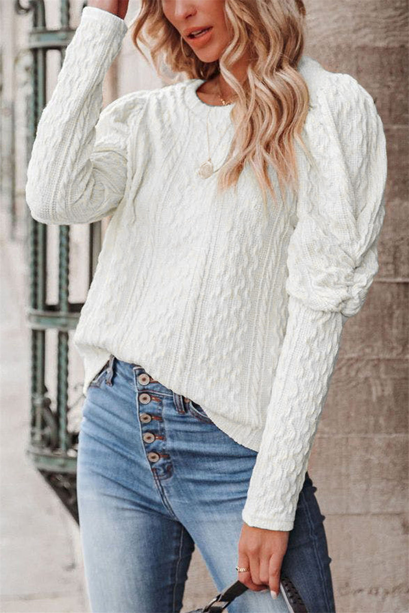 Jacquard Round Neck Gigot Sleeve Knitted Sweater - WOMONA.COM