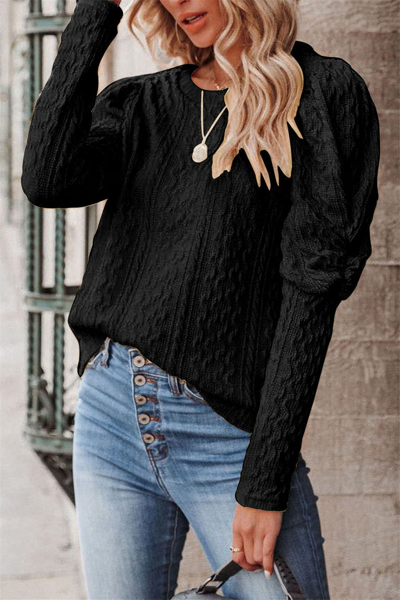 Jacquard Round Neck Gigot Sleeve Knitted Sweater - WOMONA.COM