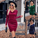 Swing Collar Long Sleeve Dusting Powder Velvet Dress - WOMONA.COM