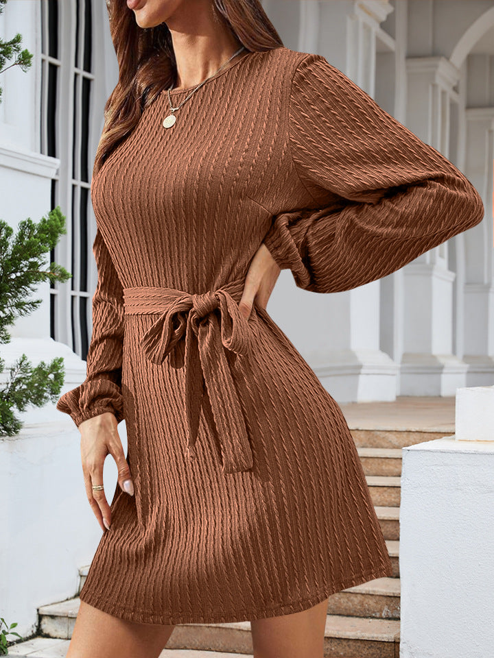 European And American Belt Long Sleeve Twist Knitted Dress Puff Sleeve - WOMONA.COM