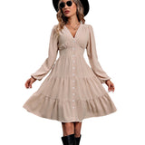 Commute Style Long Sleeve V-neck Stitching Waist Girdle Dress - WOMONA.COM