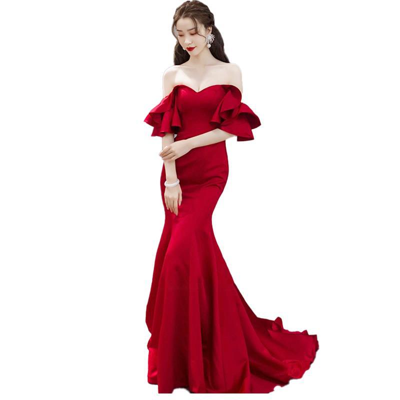 Off-shoulder Simple Graceful Waist Fishtail Gown - WOMONA.COM