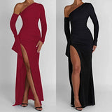 Sexy Waist Trimming Split Sloping Shoulder Dress - WOMONA.COM