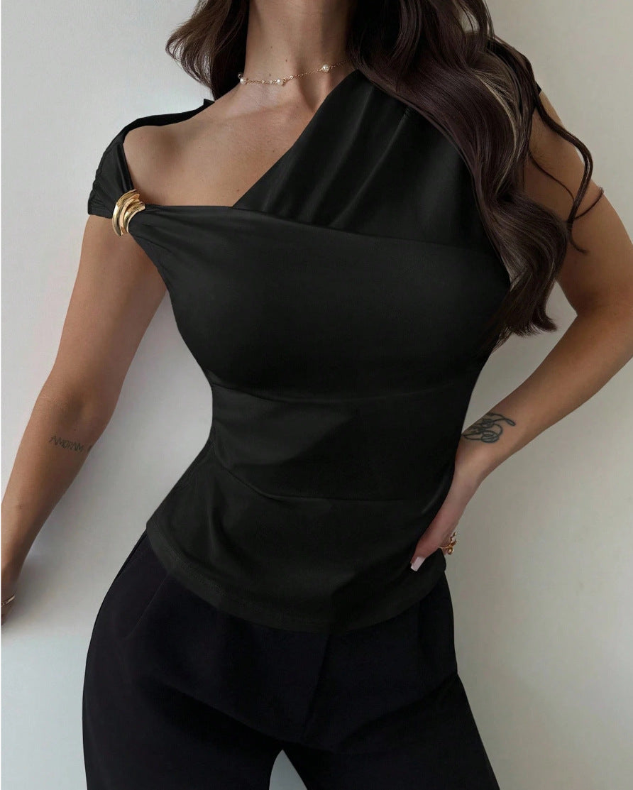 Off-shoulder short-sleeve top in black, fitted silhouette with draped shoulder neckline