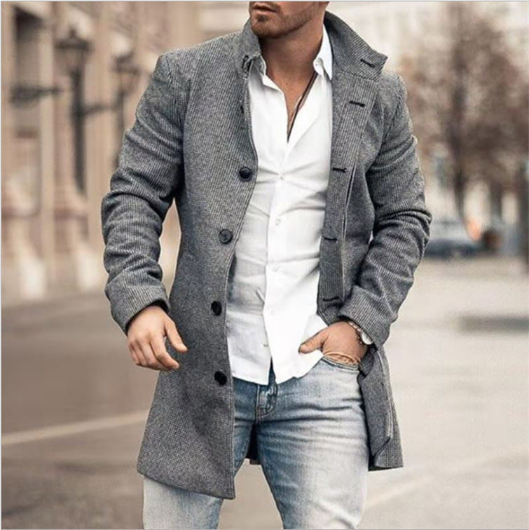 Fall Winter Men Woolen Stand Collar Mid-length Pocket Casual Coat