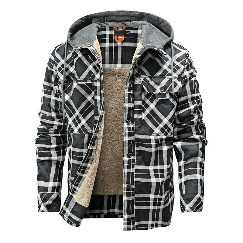 Men Warm Jacket Fleece Lining Lumberjack Plaid Hooded Jackets - WOMONA.COM