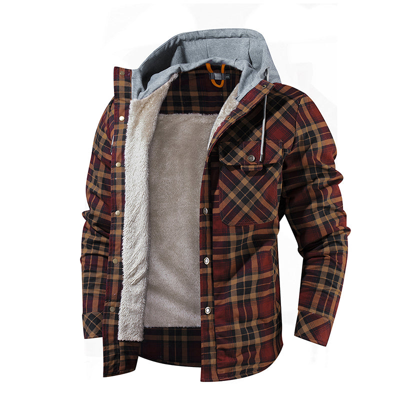 Men Warm Jacket Fleece Lining Lumberjack Plaid Hooded Jackets - WOMONA.COM