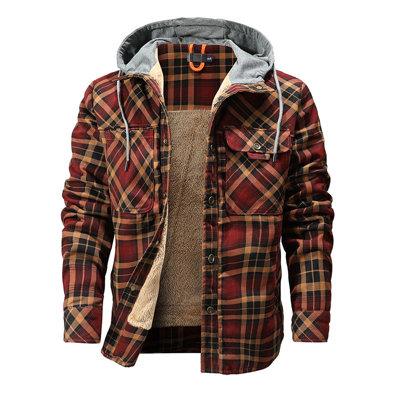 Men Warm Jacket Fleece Lining Lumberjack Plaid Hooded Jackets - WOMONA.COM