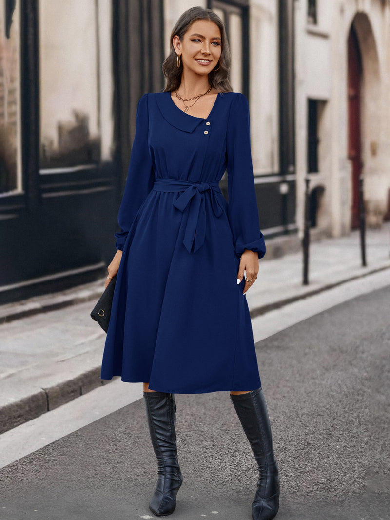 Autumn And Winter Irregular Collar Button Long Sleeve Dress - WOMONA.COM