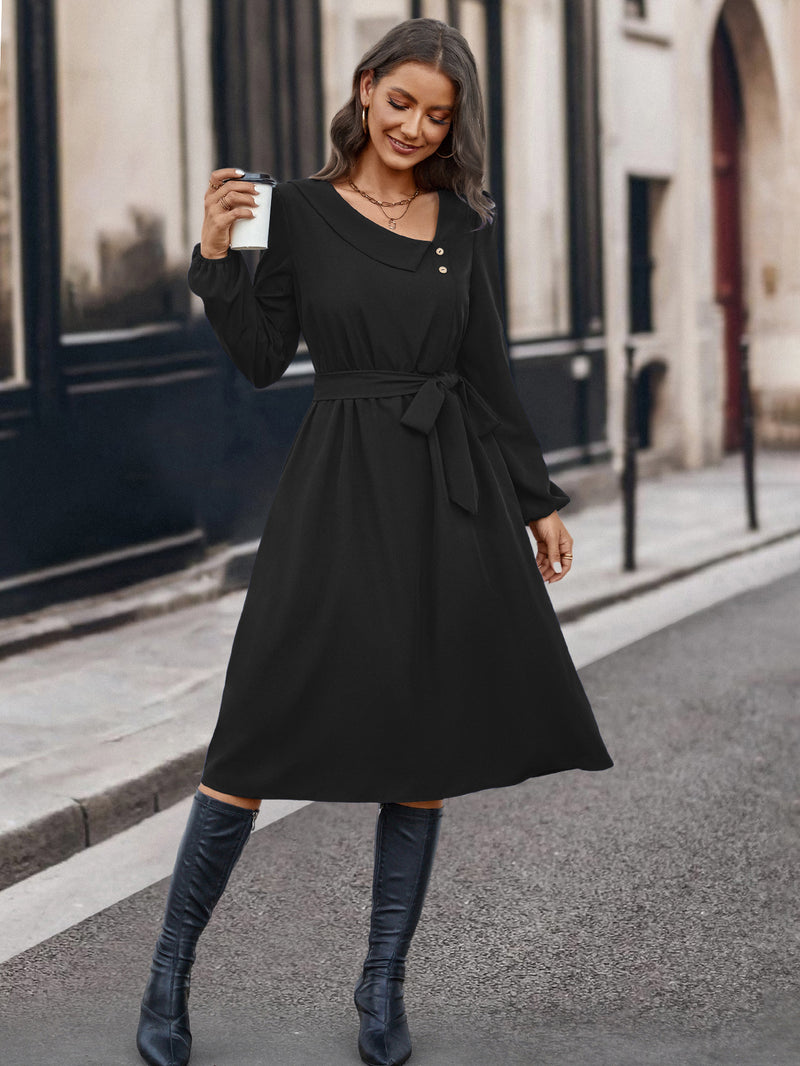 Autumn And Winter Irregular Collar Button Long Sleeve Dress - WOMONA.COM