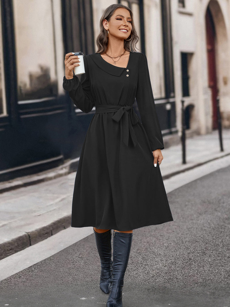 Autumn And Winter Irregular Collar Button Long Sleeve Dress - WOMONA.COM