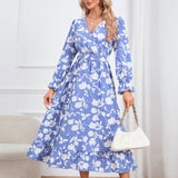 Women's Retro V-neck Printed Dress - WOMONA.COM