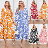 Women's Retro V-neck Printed Dress - WOMONA.COM